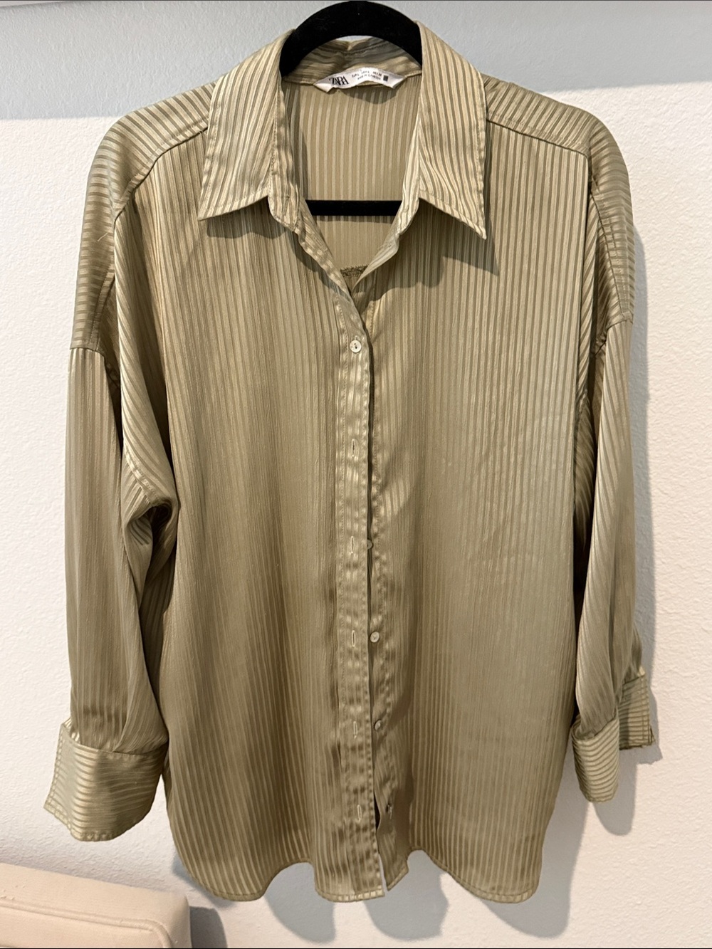 Zara Satin Striped Button-Up Shirt in Olive
